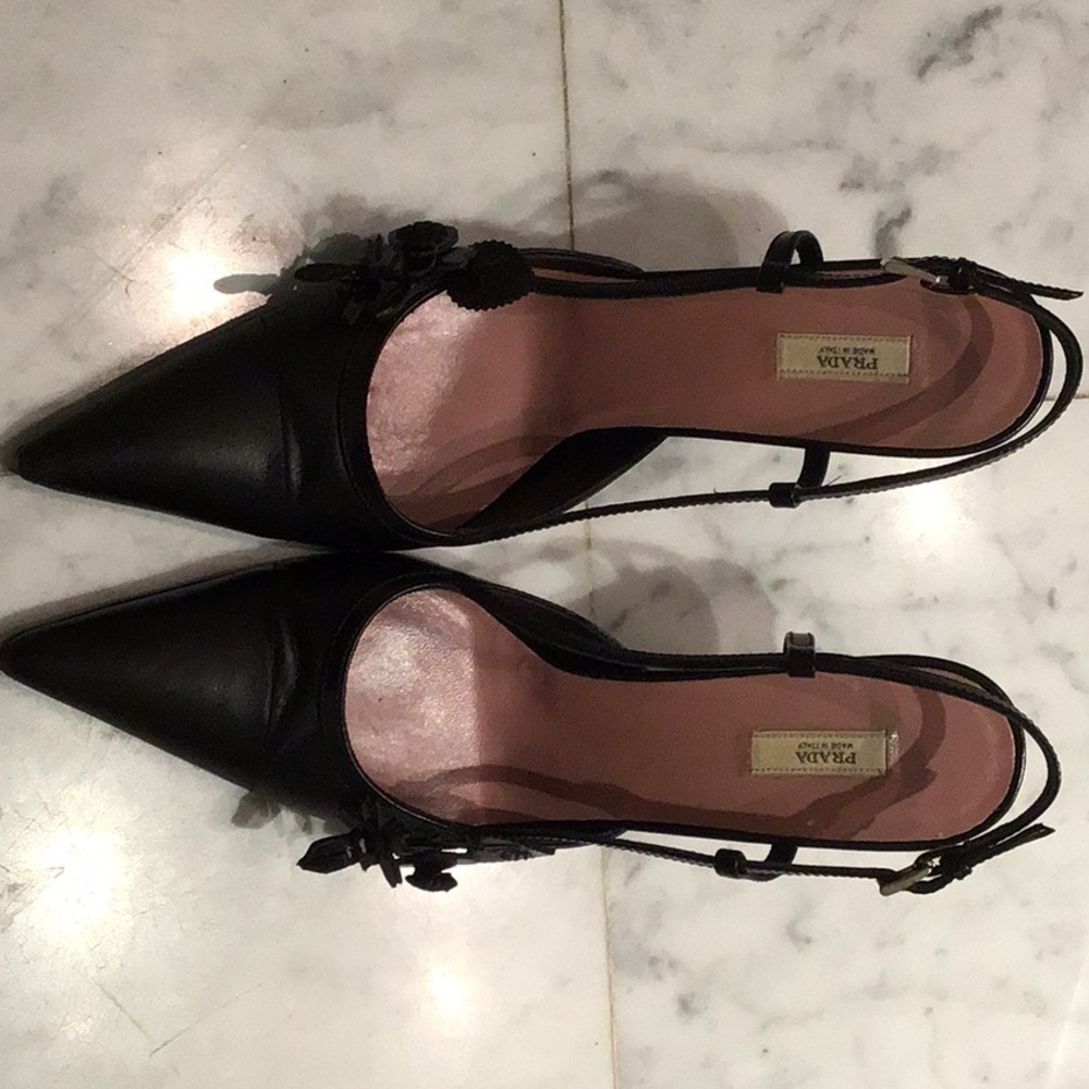 Prada black leather sling backs